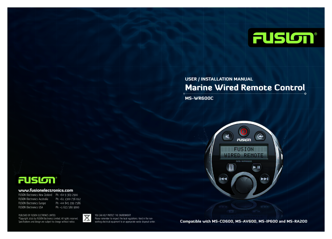 Fusion MS-WR600C installation manual Marine Wired Remote Control 