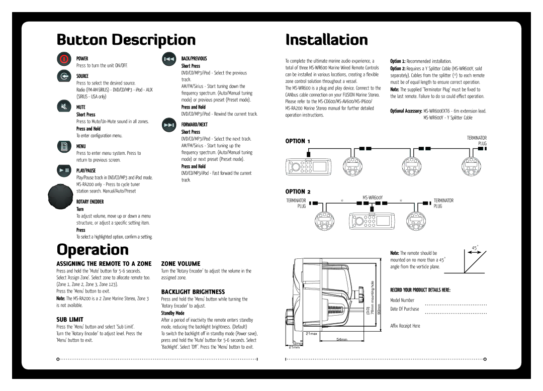 Fusion MS-WR600C installation manual Option, Zone Volume, Backlight Brightness, SUB Limit 