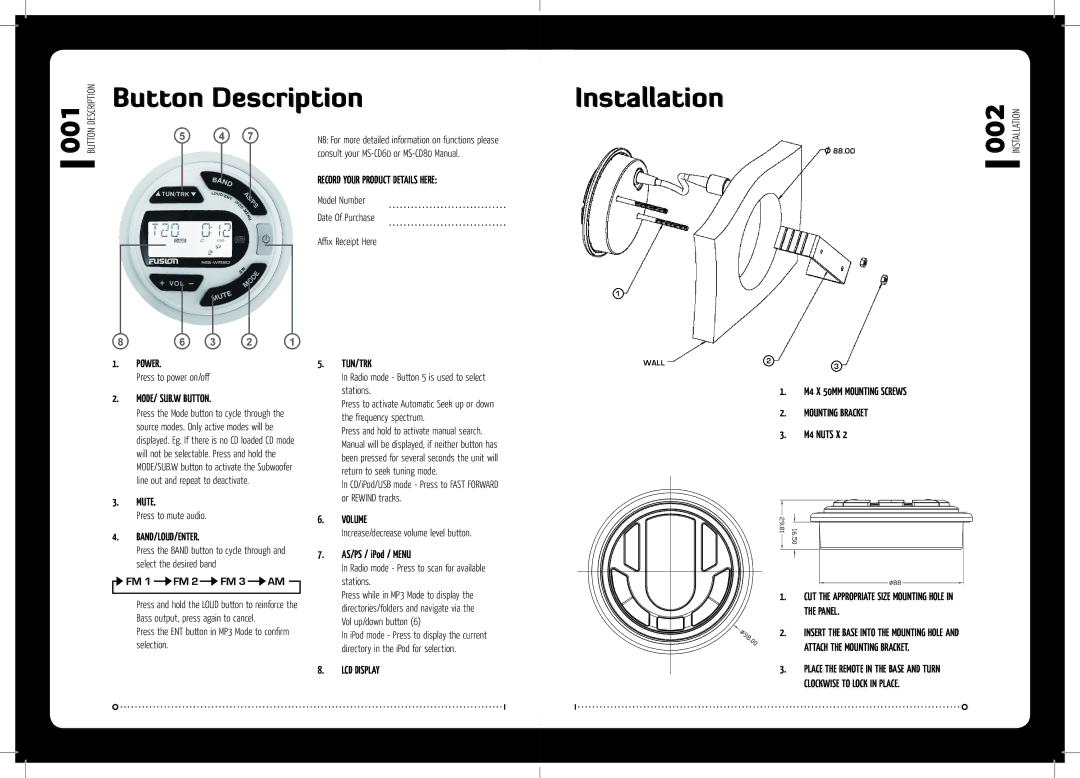 Fusion MS-WR80 installation manual Button Description, Installation 