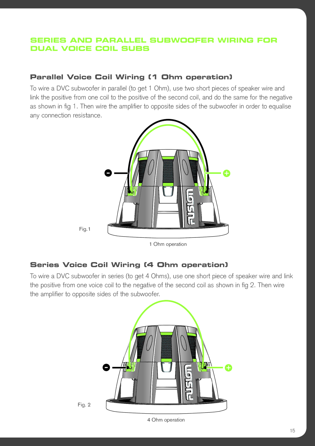 Fusion NVSW12, NVSW15 manual Parallel Voice Coil Wiring 1 Ohm operation 