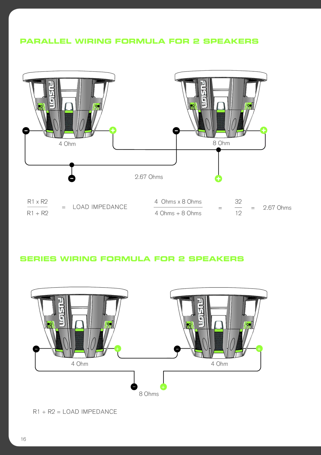 Fusion NVSW15, NVSW12 manual Parallel Wiring Formula for 2 Speakers, Series Wiring Formula for 2 Speakers 