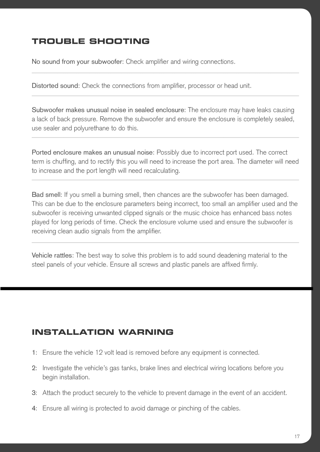 Fusion NVSW12, NVSW15 manual Trouble Shooting, Installation Warning 