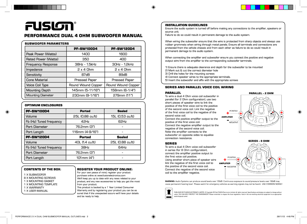 Fusion PF-SW100D4 manual PF-SW120D4 Ported 