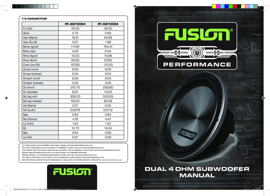 Fusion PF-SW120D4 manual PF-SW100D4, PERFORMANCE 2 X 4 DUAL OHM SUBWOOFER MANUAL OUTLINES.indd, 28/11/12 449 PM 