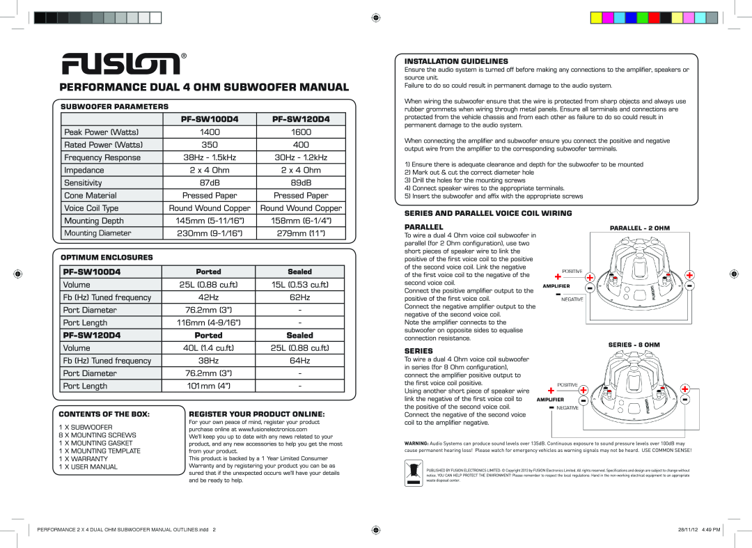 Fusion PF-SW100D4 manual Ported, PF-SW120D4 