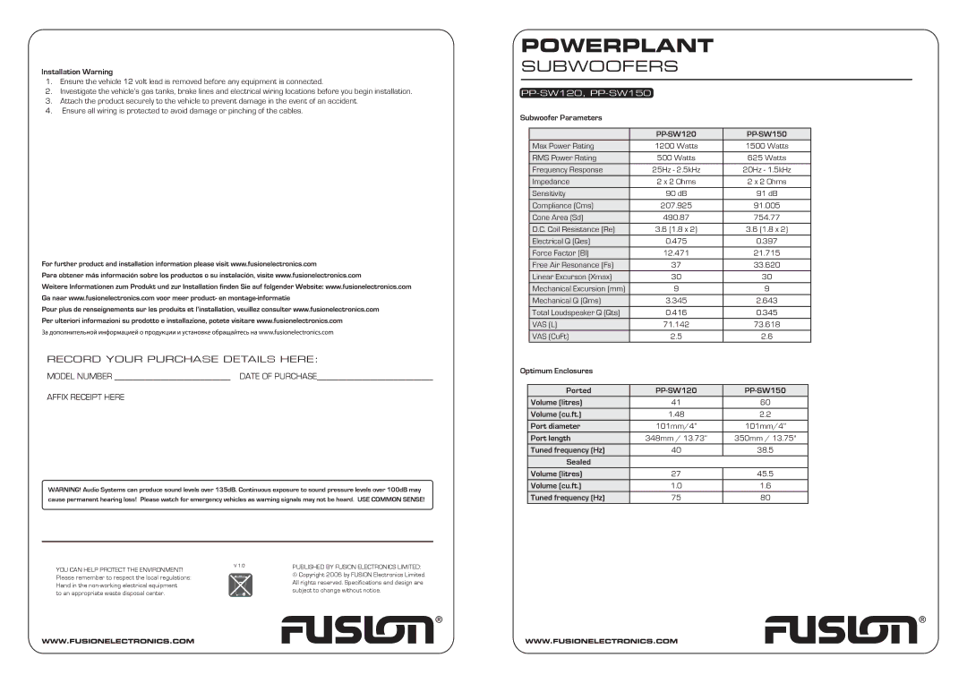 Fusion specifications Installation Warning, Subwoofer Parameters PP-SW120 PP-SW150, Port length, Tuned frequency Hz 