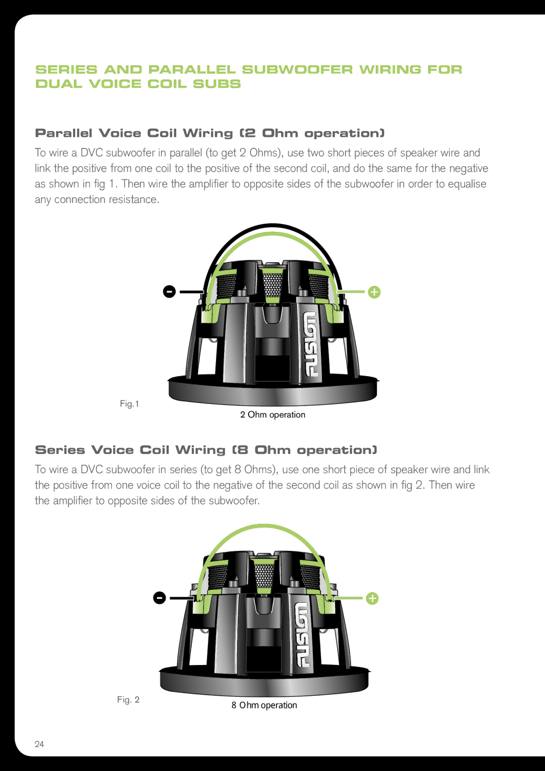 Fusion PPSW12H, PPSW15E, PPSW15H, PPSW12E, PPSW10H, PPSW10E manual Parallel Voice Coil Wiring 2 Ohm operation 