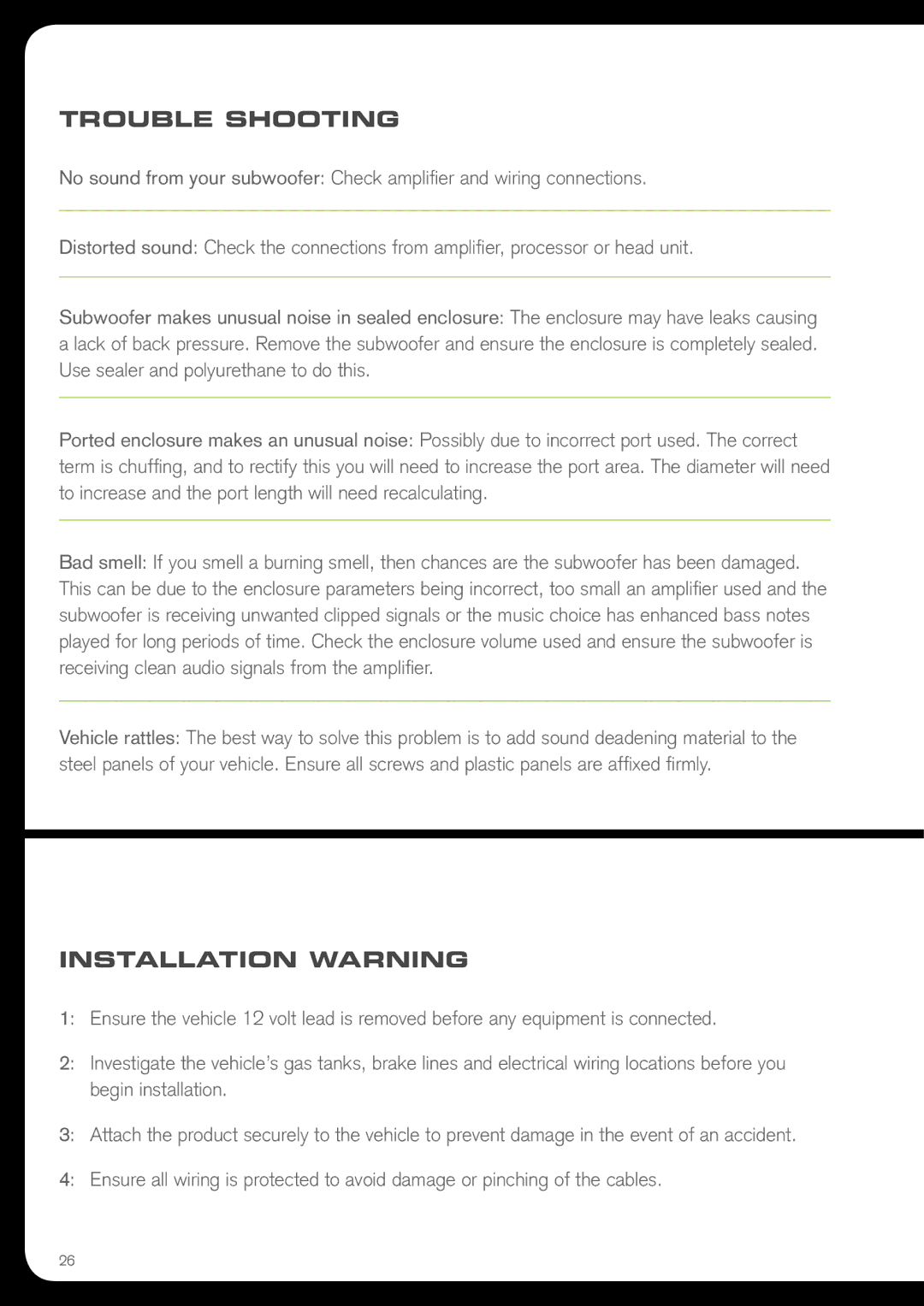 Fusion PPSW15H, PPSW12H, PPSW15E, PPSW12E, PPSW10H, PPSW10E manual Trouble Shooting, Installation Warning 