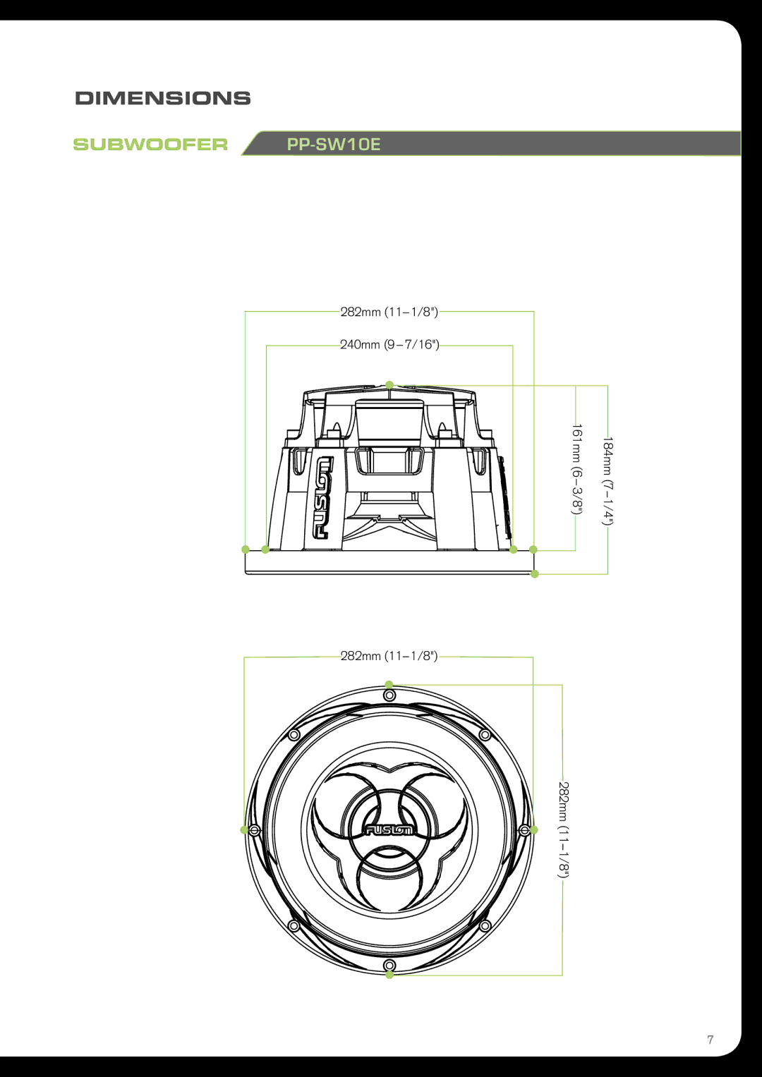 Fusion PPSW15E, PPSW12H, PPSW15H, PPSW12E, PPSW10H, PPSW10E manual Dimensions, Subwoofer PP-SW10E 