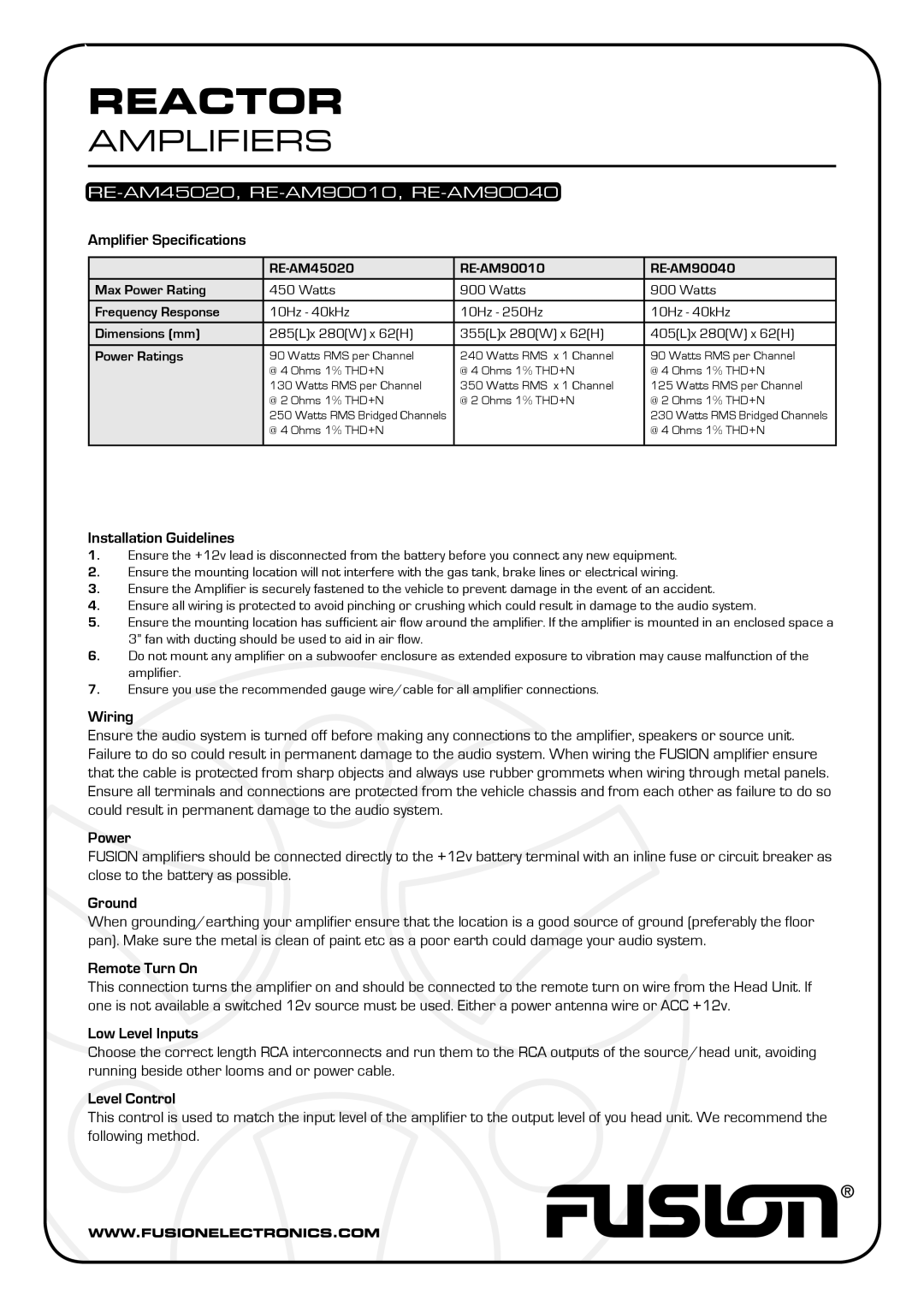 Fusion RE-AM90010 specifications Amplifier Specifications, Installation Guidelines, Wiring, Power, Ground, Remote Turn On 