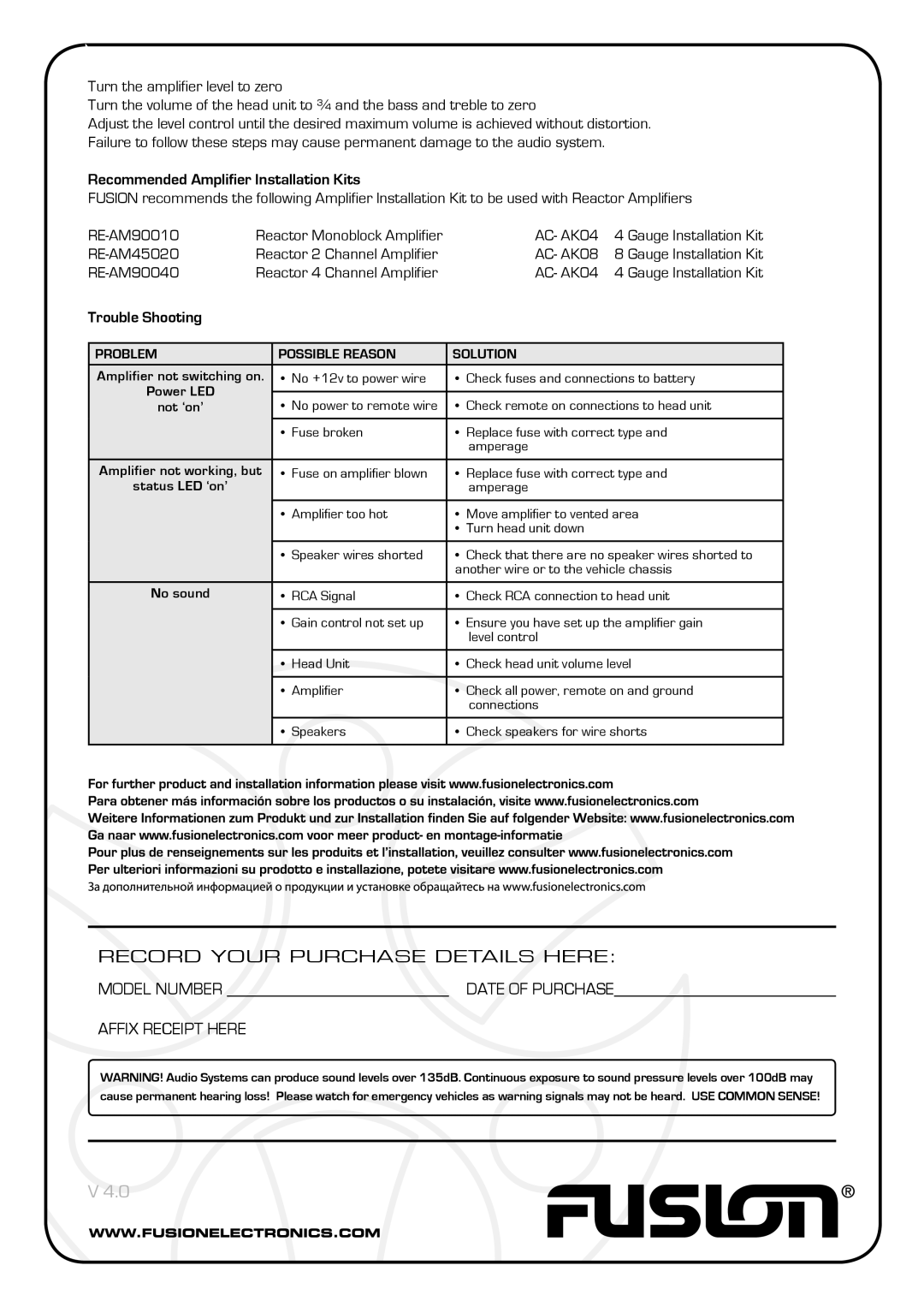 Fusion RE-AM45020, RE-AM90040, RE-AM90010 specifications Recommended Amplifier Installation Kits, Trouble Shooting 