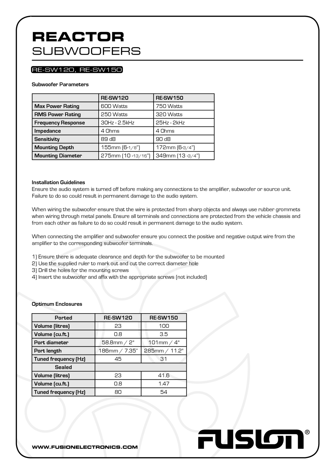 Fusion re-sw150, re-sw120 manual Reactor, Subwoofers, RE-SW120, RE-SW150 