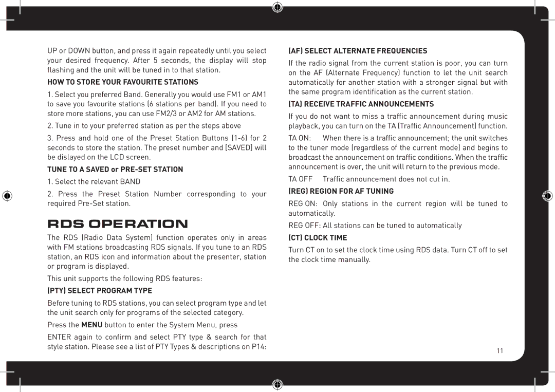 Fusionbrands CA-CD700 instruction manual RDS Operation 