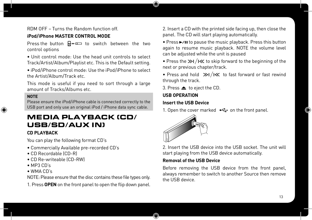 Fusionbrands CA-CD700 instruction manual Media Playback CD/ USB/SD/AUX, IPod/iPhone Master Control Mode, CD Playback 