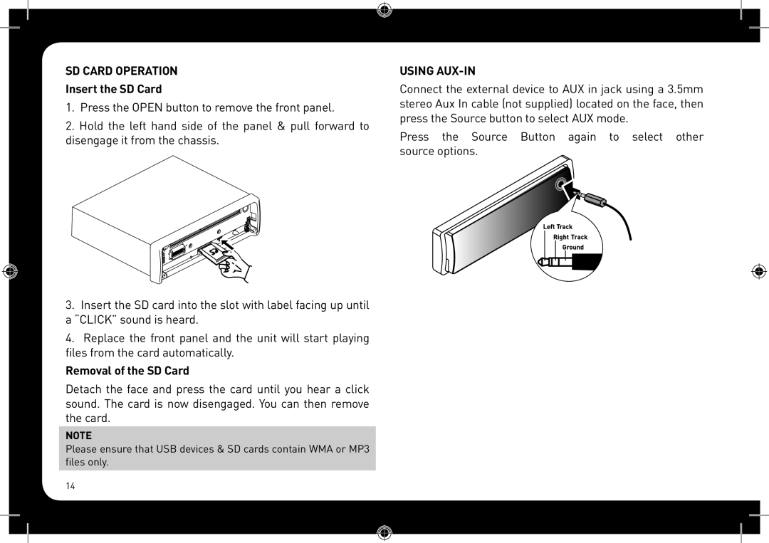 Fusionbrands CA-CD700 instruction manual SD Card Operation, Insert the SD Card, Removal of the SD Card, Using AUX-IN 