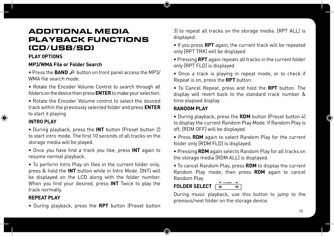 Fusionbrands CA-CD700 Additional Media Playback Functions CD/USB/SD, Play Options, Intro Play, Repeat Play, Folder Select 