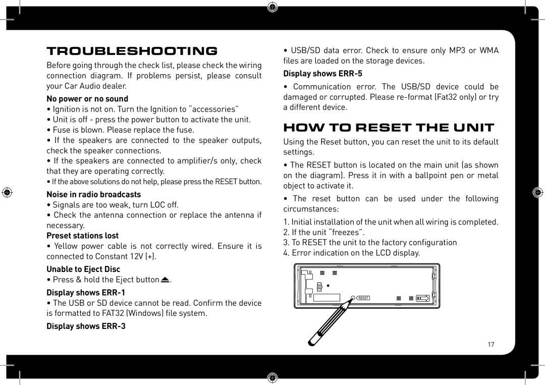 Fusionbrands CA-CD700 instruction manual Troubleshooting, HOW to Reset the Unit 