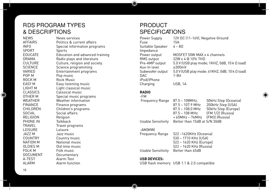 Fusionbrands CA-CD700 instruction manual RDS Program Types Product Descriptions Specifications, Radio, USB Devices 