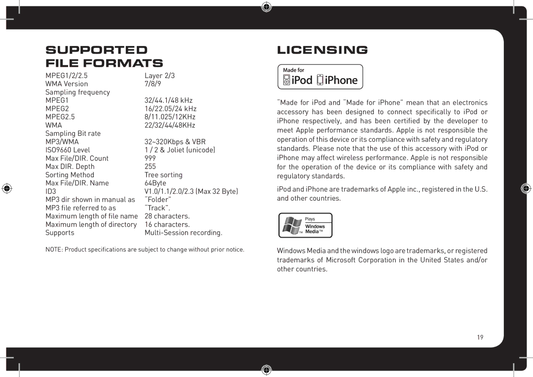 Fusionbrands CA-CD700 instruction manual Supported File Formats, Licensing 