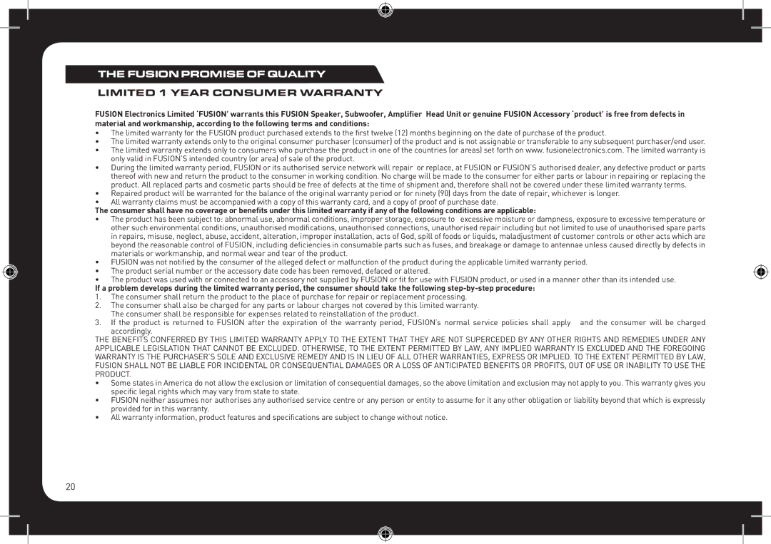 Fusionbrands CA-CD700 instruction manual Fusion Promise of Quality, Limited 1 Year Consumer Warranty 