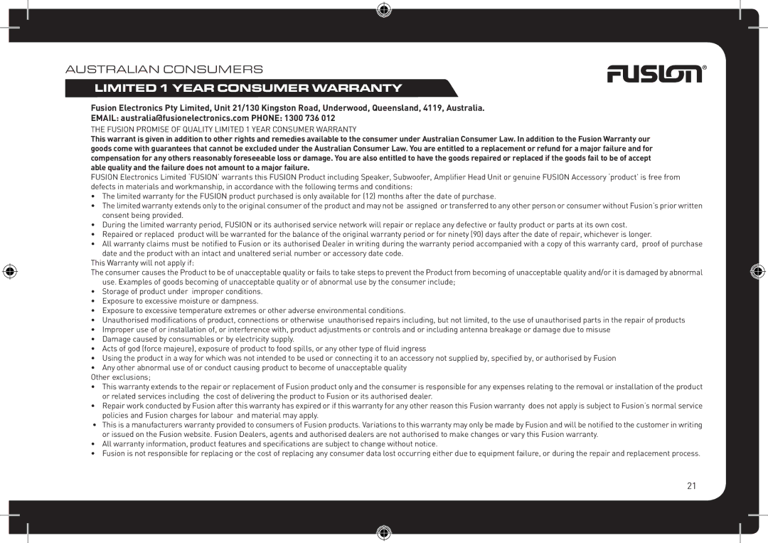 Fusionbrands CA-CD700 instruction manual Limited 1 Year Consumer Warranty 