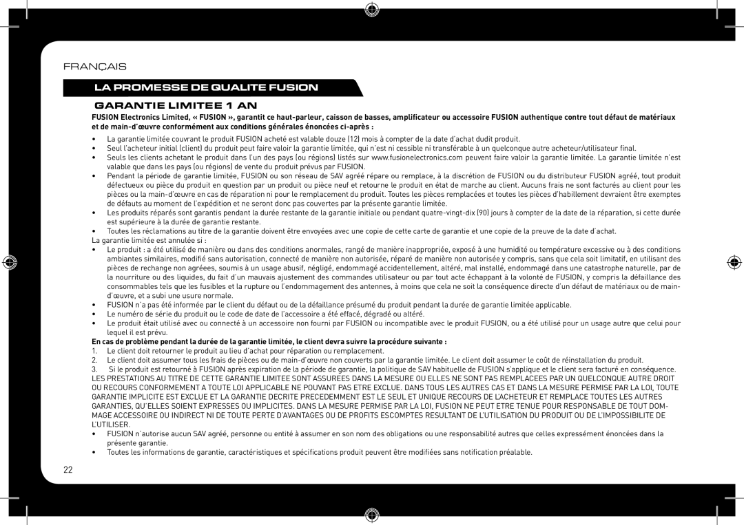 Fusionbrands CA-CD700 instruction manual LA Promesse DE Qualite Fusion, Garantie Limitee 1 AN 