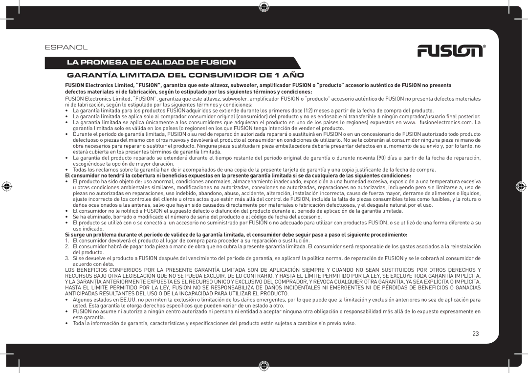 Fusionbrands CA-CD700 instruction manual LA Promesa DE Calidad DE Fusion, Garantía Limitada DEL Consumidor DE 1 AÑO 