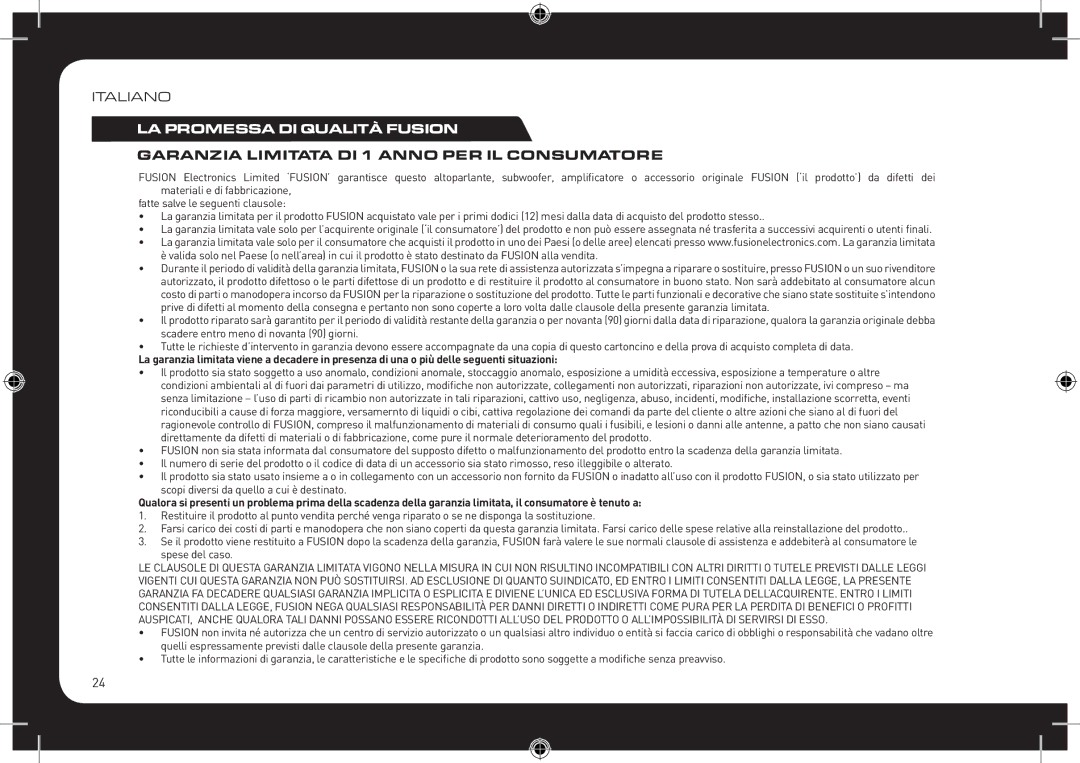 Fusionbrands CA-CD700 instruction manual LA Promessa DI Qualità Fusion, Garanzia Limitata DI 1 Anno PER IL Consumatore 