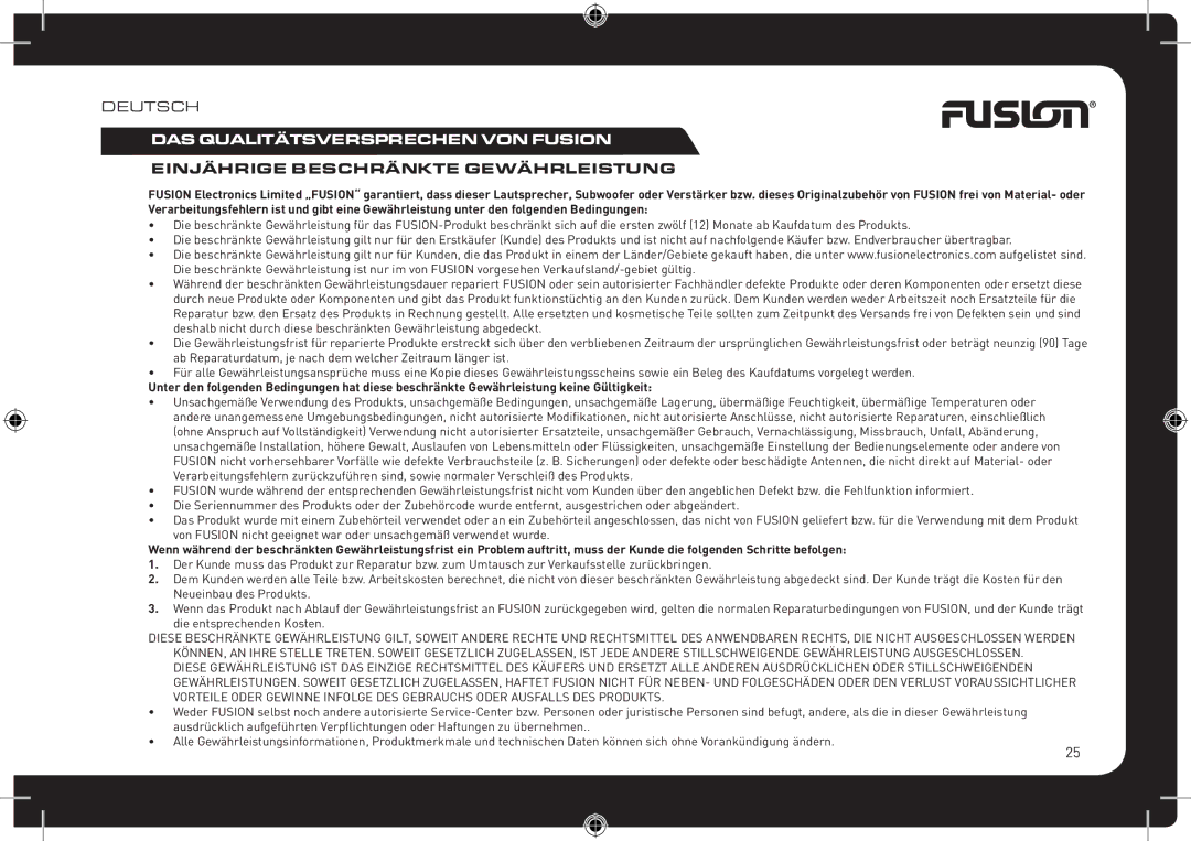 Fusionbrands CA-CD700 instruction manual DAS Qualitätsversprechen VON Fusion, Einjährige Beschränkte Gewährleistung 