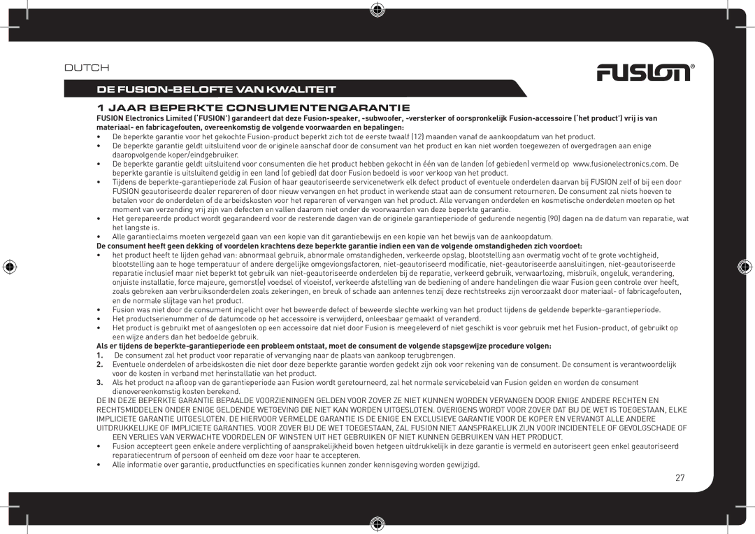 Fusionbrands CA-CD700 instruction manual DE FUSION-BELOFTE VAN Kwaliteit, Jaar Beperkte Consumentengarantie 