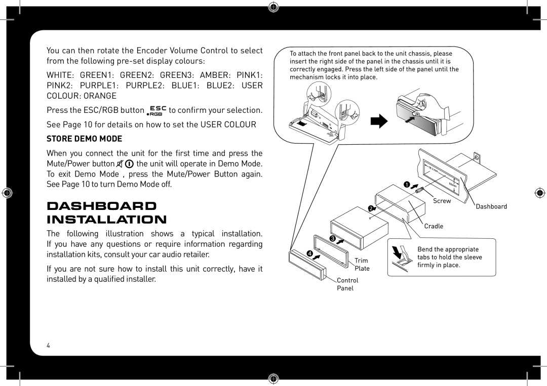 Fusionbrands CA-CD700 instruction manual Dashboard Installation, Store Demo Mode 