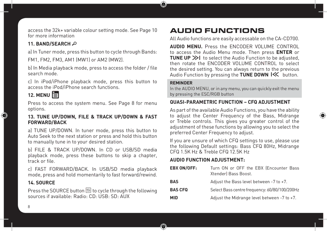 Fusionbrands CA-CD700 instruction manual Audio Functions 