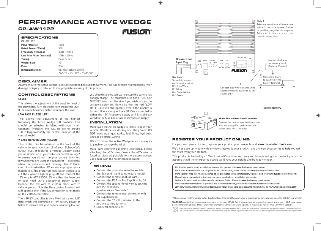 Fusionbrands CP-AW1122 manual Specifications, Disclaimer, Control Descriptions, Installation, Wiring 