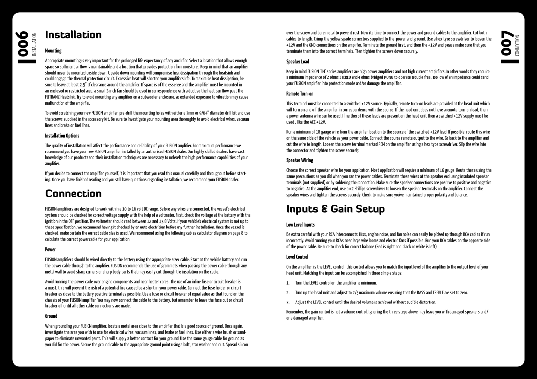 Fusionbrands fm-504 installation manual Installation, Connection, Inputs & Gain Setup 