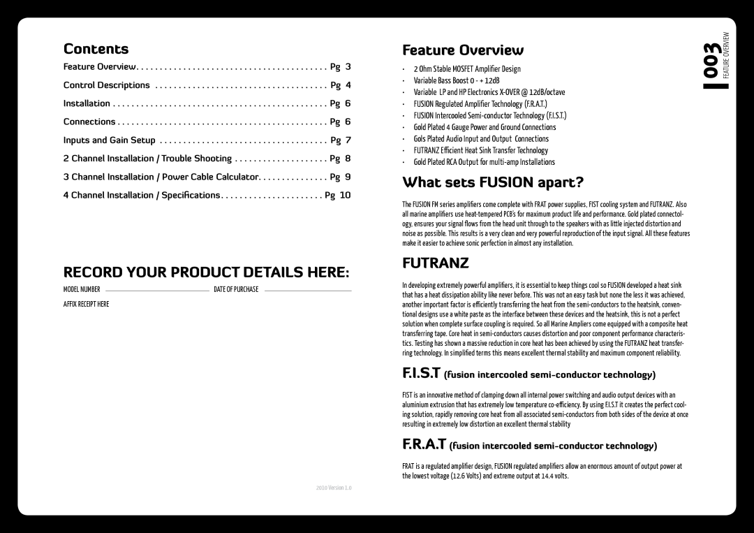 Fusionbrands fm-504 Contents, Feature Overview, What sets FUSION apart?, Record Your Product Details Here, Futranz 