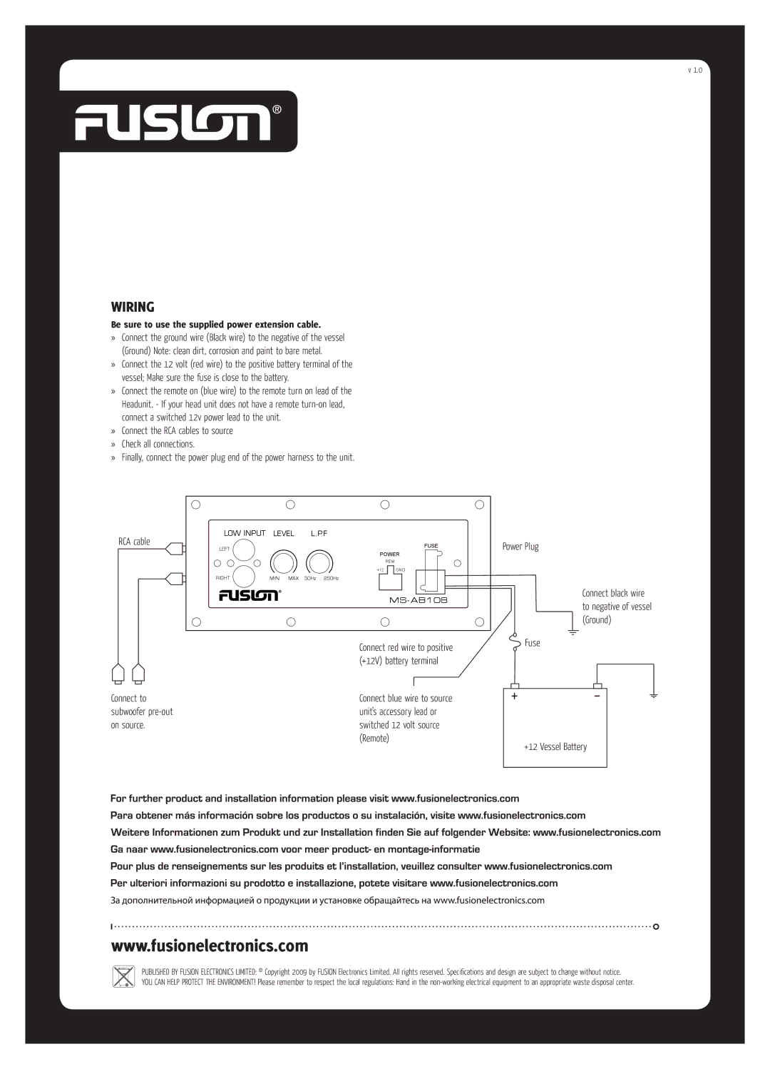 Fusionbrands MS-AB108 Wiring, Be sure to use the supplied power extension cable, Power Plug, Fuse +12 Vessel Battery 