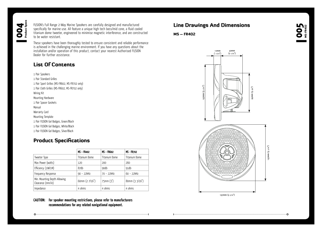 Fusionbrands MS-FR702 Line Drawings And Dimensions, List Of Contents, Product Specifications, MS - FR402, MS - FR602 