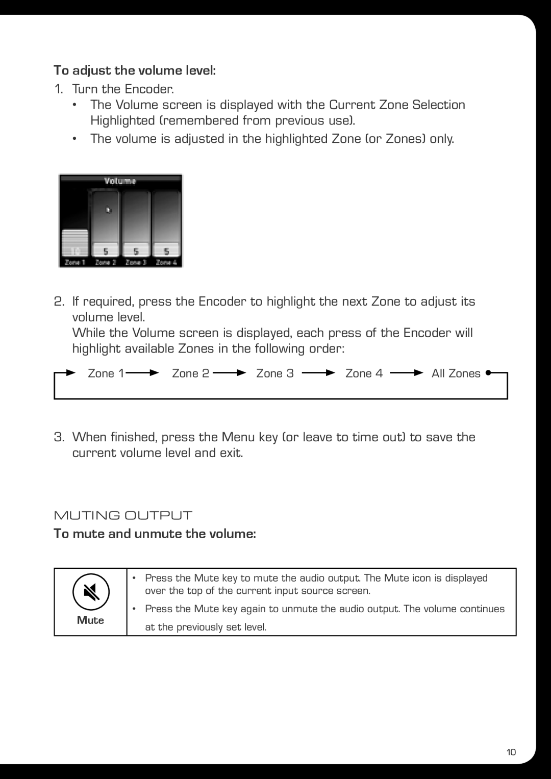 Fusionbrands MS-AV700i To adjust the volume level, To mute and unmute the volume, Zone 1 Zone 2 Zone 3 Zone 4 All Zones 