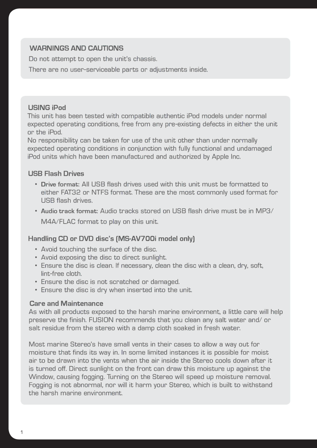 Fusionbrands MS-IP700i Using iPod, USB Flash Drives, Handling CD or DVD disc’s MS-AV700i model only, Care and Maintenance 