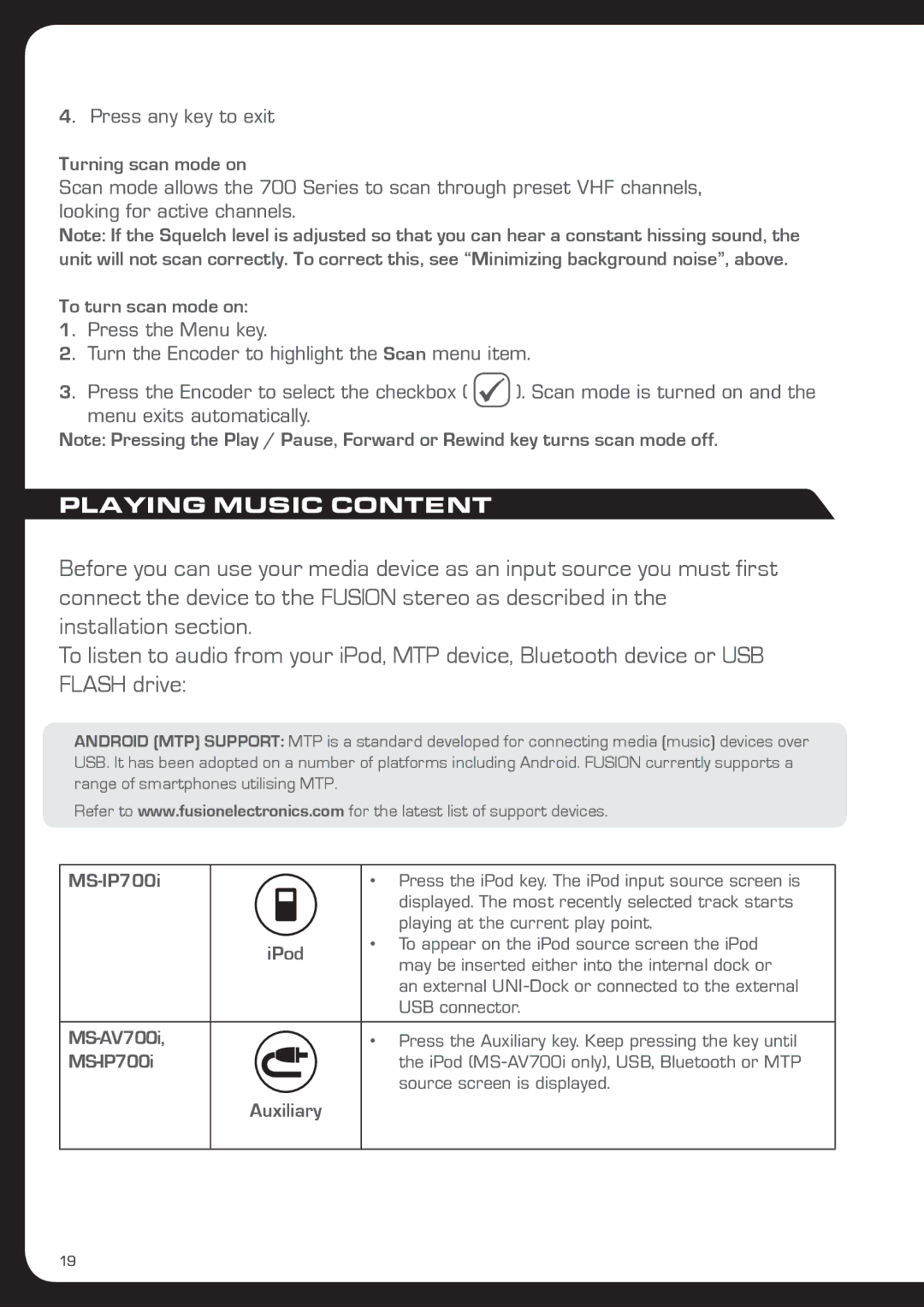 Fusionbrands MS-IP700i, MS-AV700i manual Playing Music Content, Turning scan mode on 