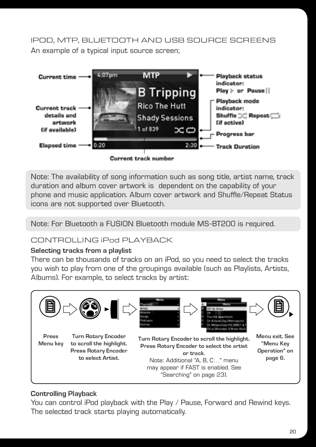 Fusionbrands MS-AV700i, MS-IP700i manual Selecting tracks from a playlist, Controlling Playback, Controlling iPod Playback 