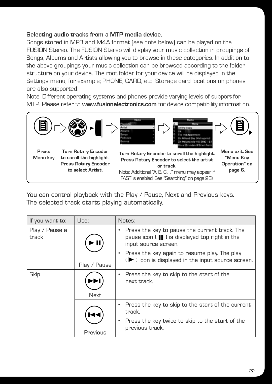 Fusionbrands MS-AV700i, MS-IP700i manual Selecting audio tracks from a MTP media device 