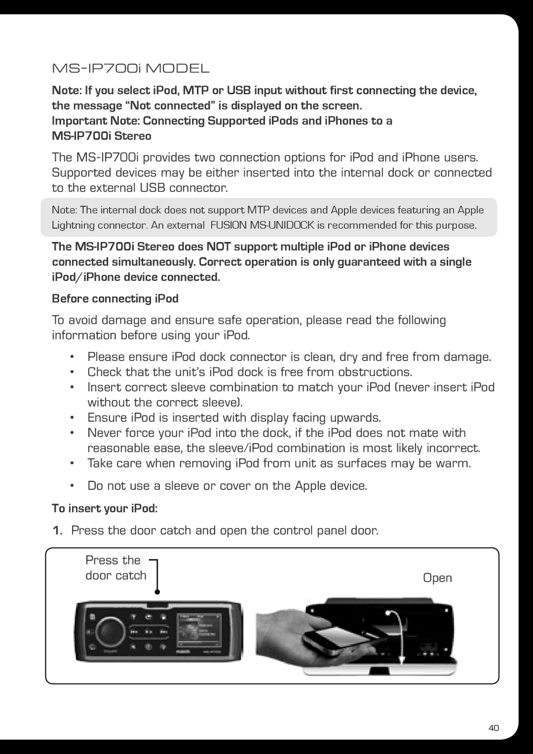 Fusionbrands MS-AV700i, MS-IP700i manual To insert your iPod, Open 