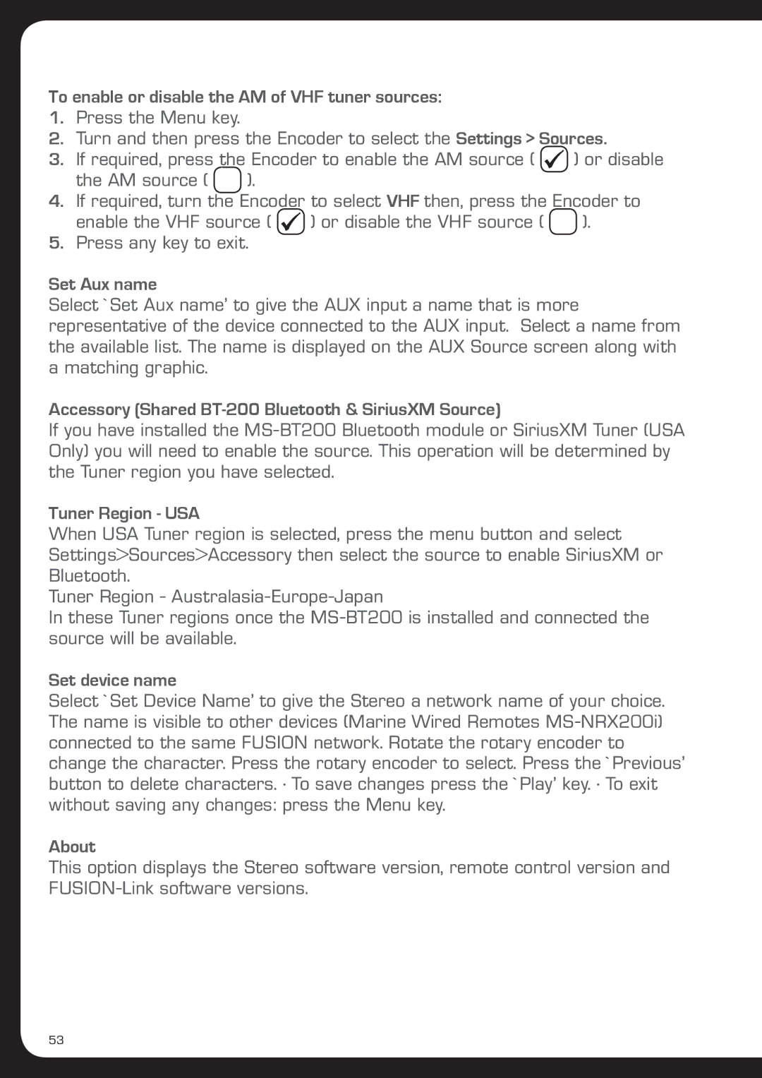 Fusionbrands MS-IP700i, MS-AV700i To enable or disable the AM of VHF tuner sources, Set Aux name, Set device name, About 