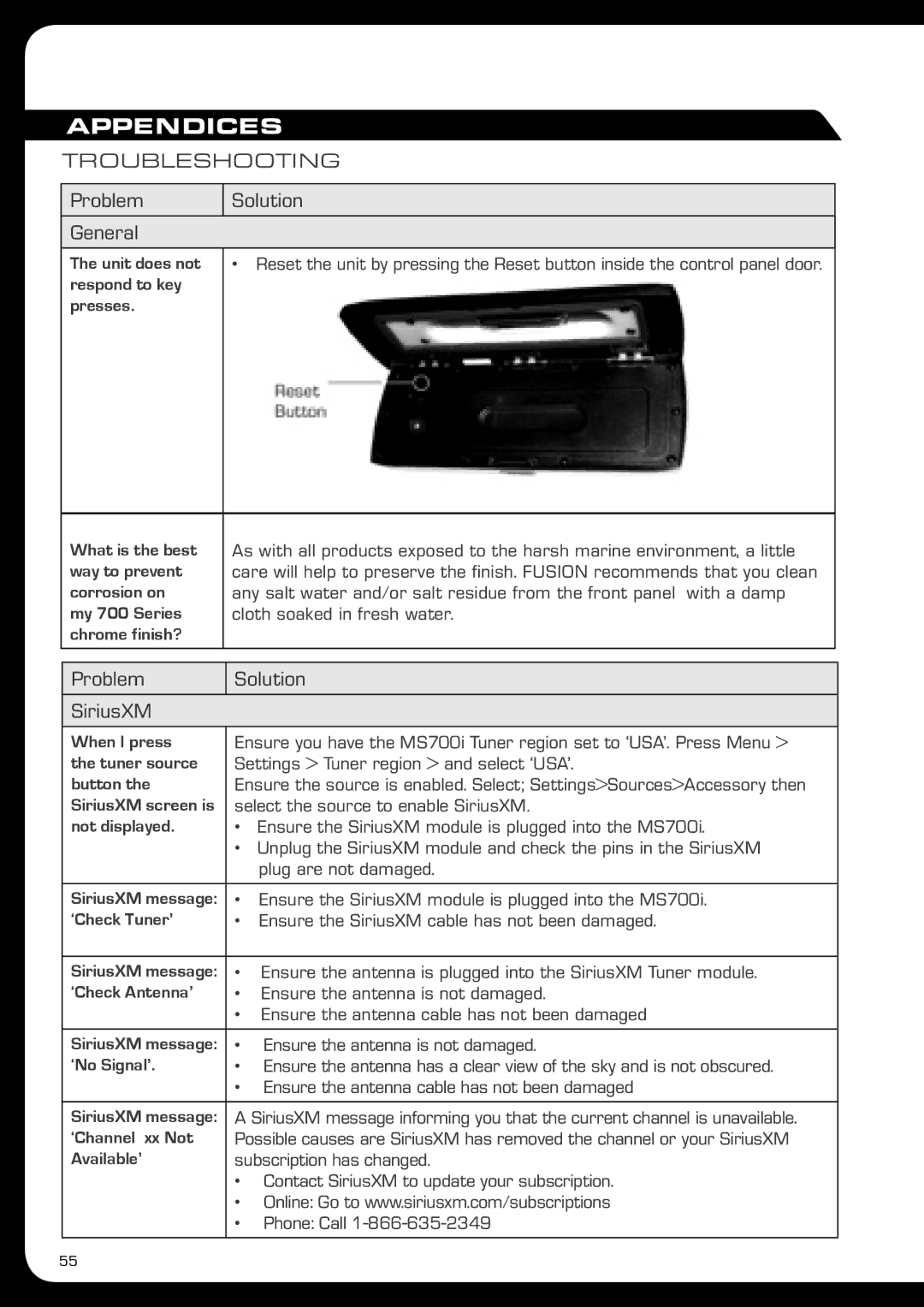 Fusionbrands MS-IP700i, MS-AV700i manual Appendices, Problem Solution General, Problem Solution SiriusXM 