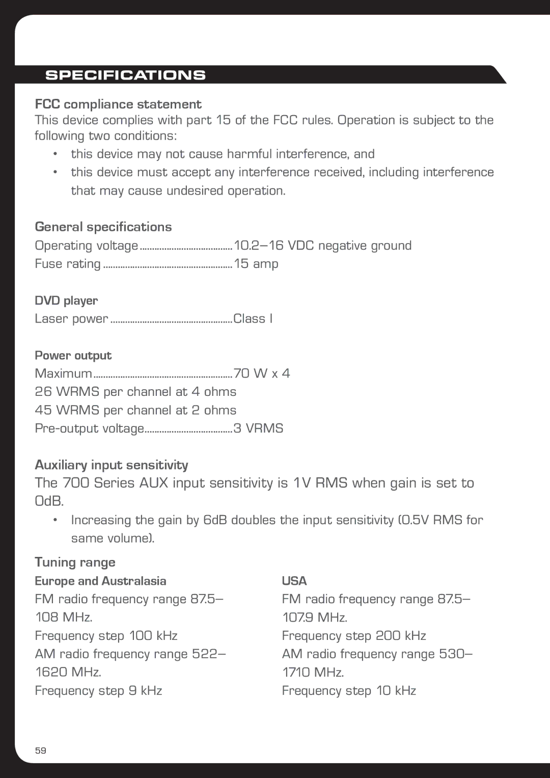 Fusionbrands MS-IP700i manual FCC compliance statement, General specifications, Auxiliary input sensitivity, Tuning range 