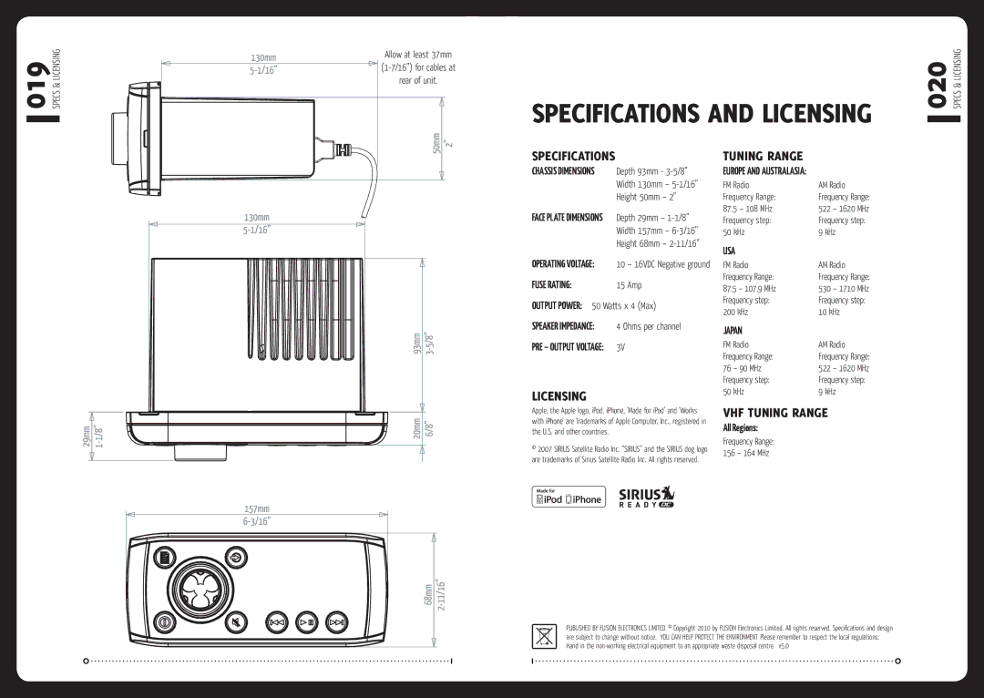 Fusionbrands MS-RA200 installation manual Specifications, Licensing, VHF Tuning Range 