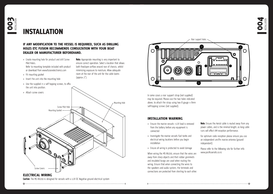 Fusionbrands MS-RA200 installation manual Electrical Wiring Installation Warning 