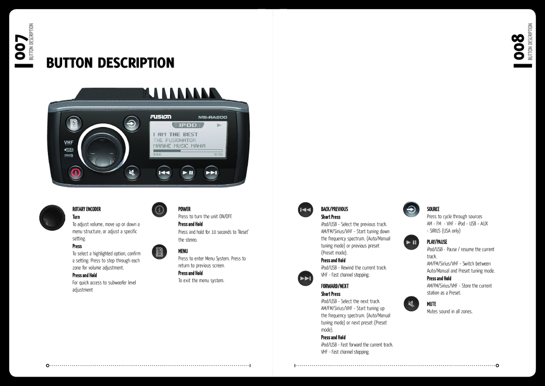 Fusionbrands MS-RA200 installation manual Button Description 