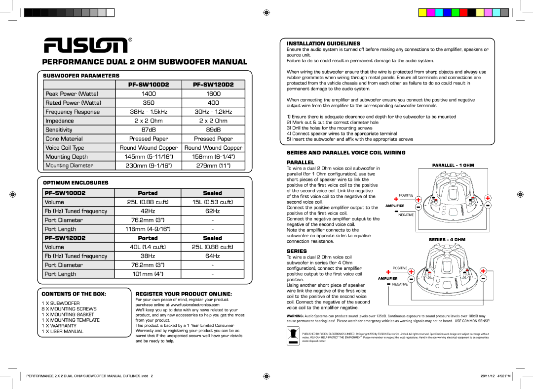 Fusionbrands PF-SW100D2 PF-SW120D2 manual PF-SW100D2 Ported Sealed, PF-SW120D2 Ported 